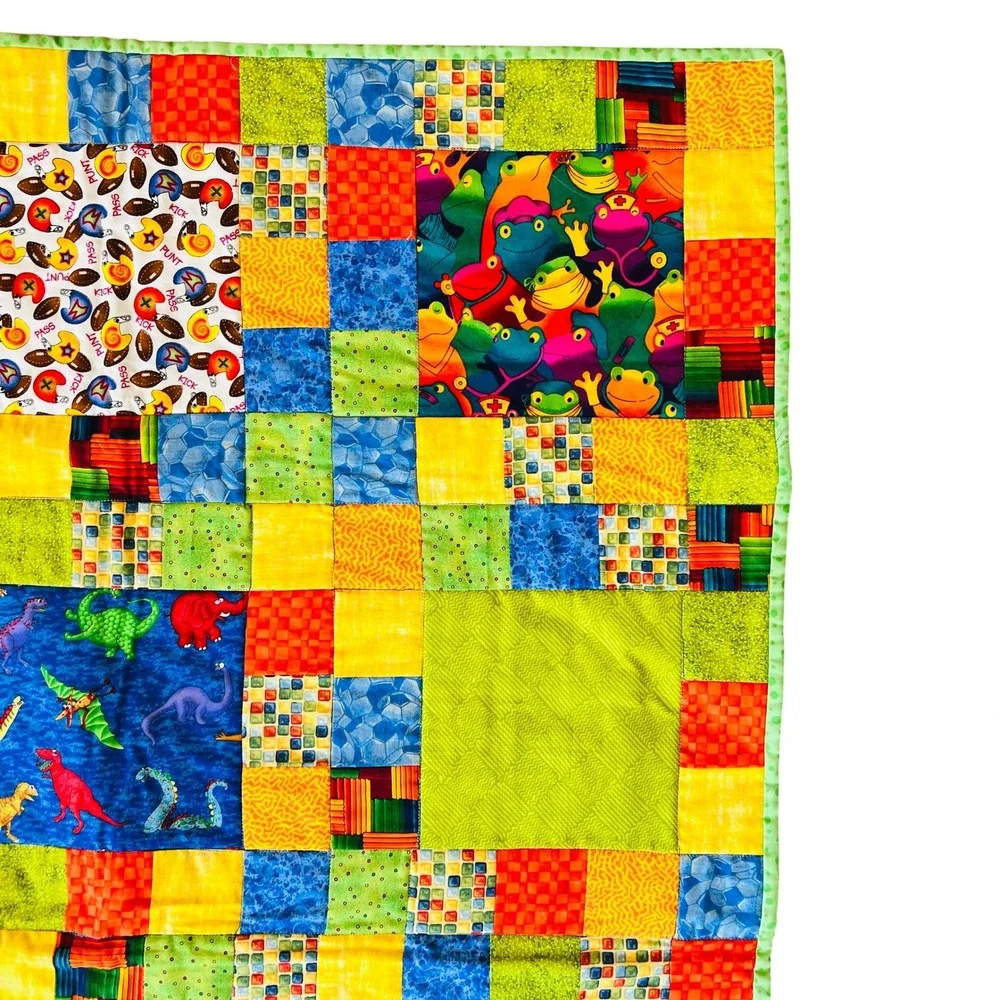 Handmade Patchwork Baby Quilt Dinosaurs Dogs Baseball Frog Blanket Novelty Print